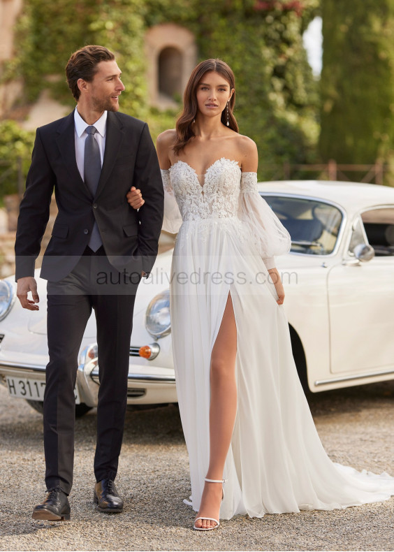 Beaded Strapless Ivory Lace Chiffon Slit Boho Wedding Dress